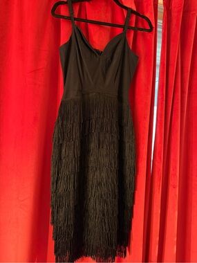 Retro style Black Fringe Midi Dress with Spaghetti Straps